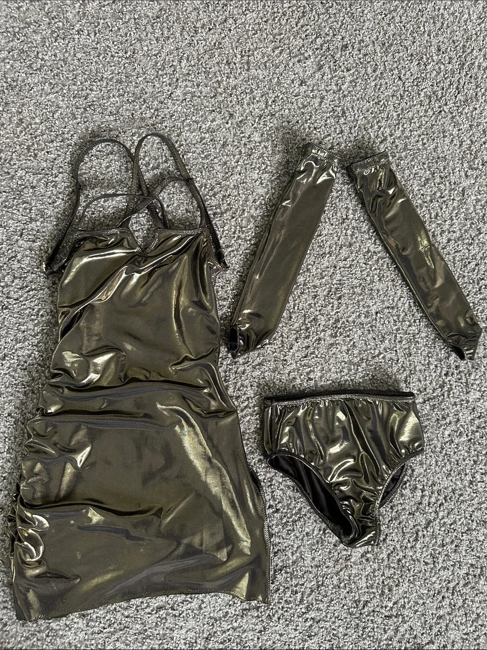 Custom made gold metallic dance costume with fingerless gloves